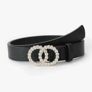 2/$30 Black PU Leather Waist Belt Rhinestone Double Circle Buckle Dress or Jeans